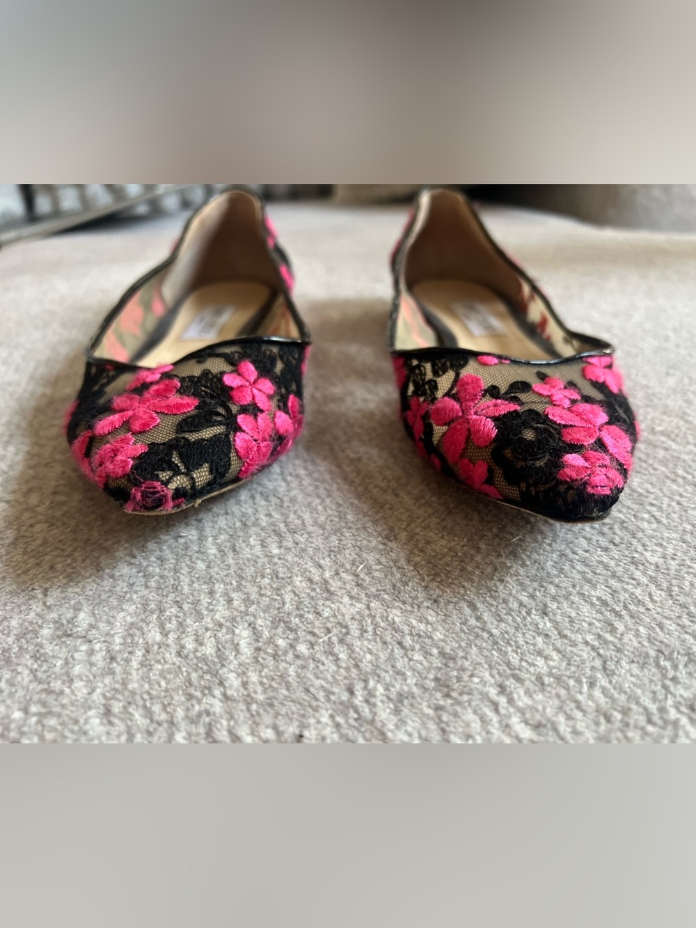 Jimmy Choo Black Lace Flats with Bright Pink Floral Embroidery - Picture 5 of 6